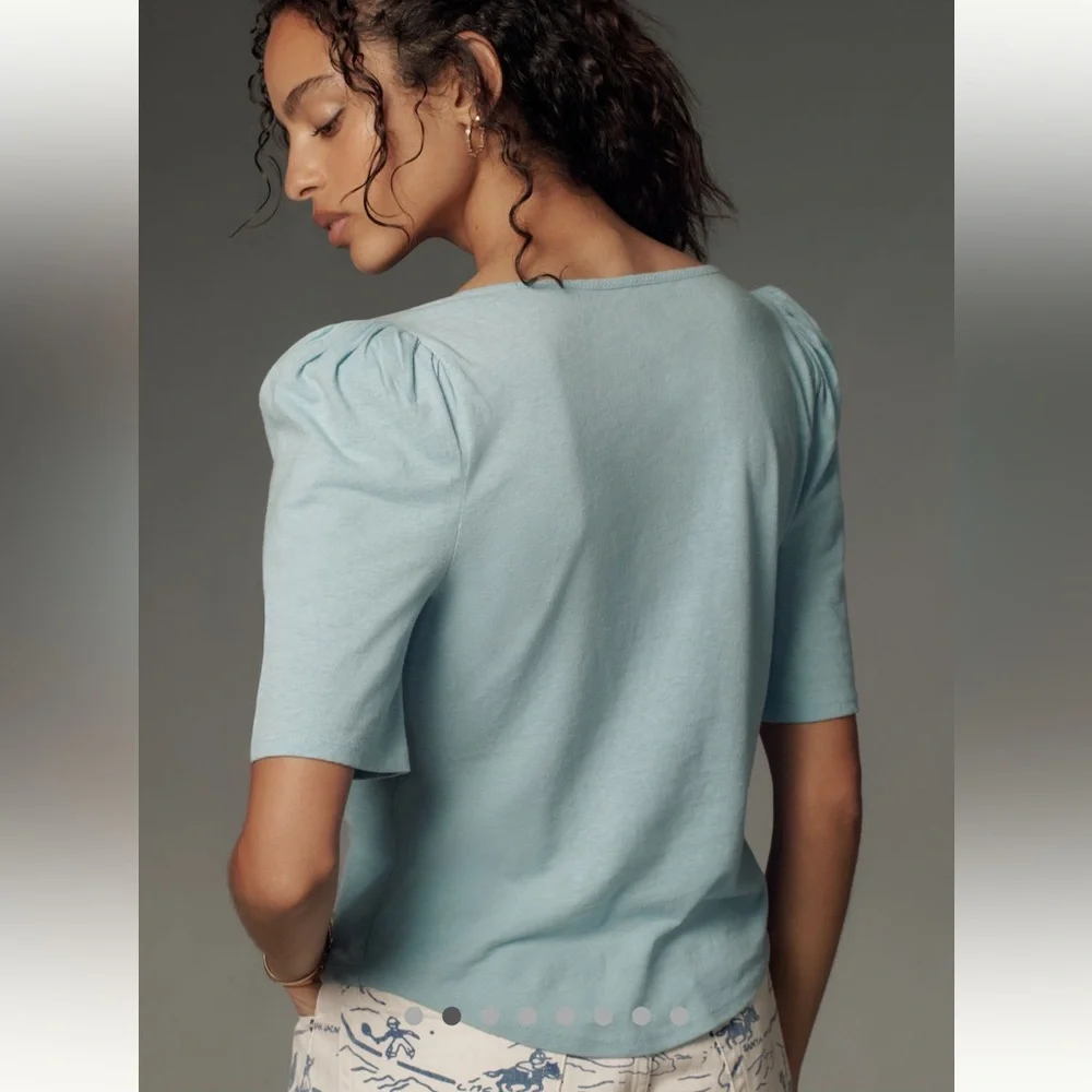 NWT Anthropologie Puff Sleeve Henley Top in Iris Blue Size XXS